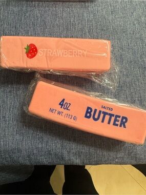 Butter Pink Salted Butter Stick and strawberry squishy. Set of 2